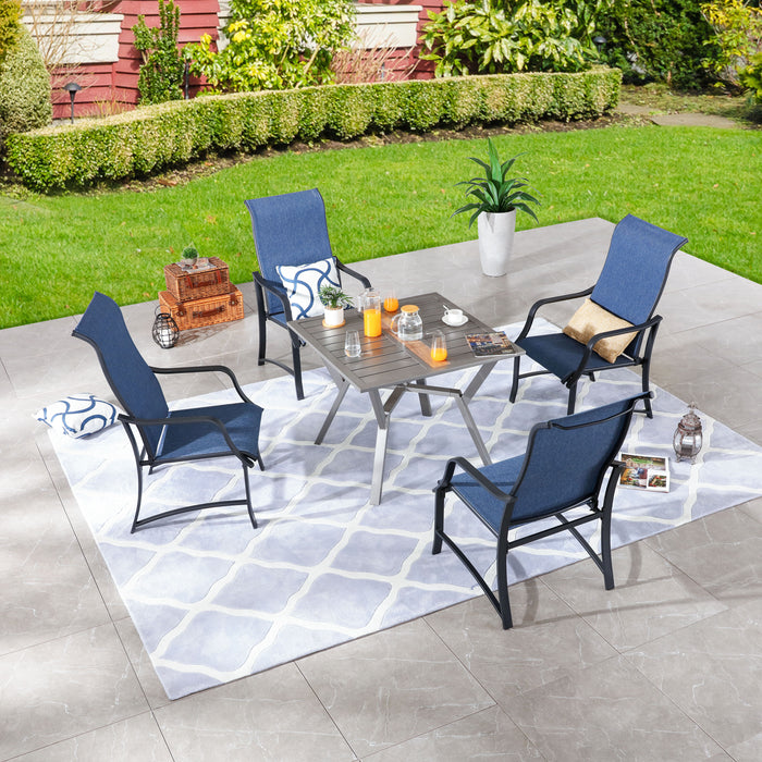 Stylish Outdoor 5-Pieces Dining Set: 4 Metal Patio Armchairs with High Back Textilene Fabric and 1 Square Metal Table 