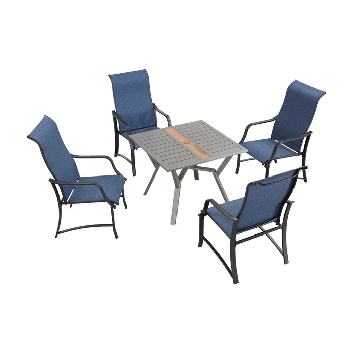 Stylish Outdoor 5-Pieces Dining Set: 4 Metal Patio Armchairs with High Back Textilene Fabric and 1 Square Metal Table 