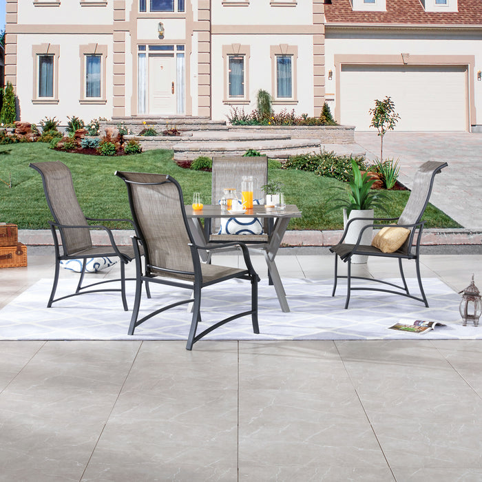 Stylish Outdoor 5-Pieces Dining Set: 4 Metal Patio Armchairs with High Back Textilene Fabric and 1 Square Metal Table 