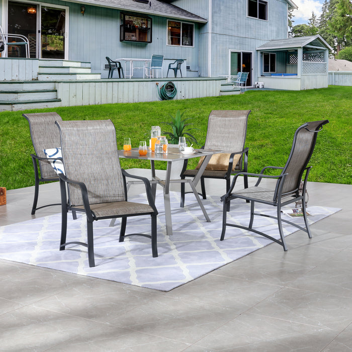 Stylish 5-Piece Outdoor 360° Swivel Armrests Dining Chairs Set with High Back Textilene Fabric & 1 Round Metal Table with 2.04" Umbrella Hole for Deck Poolside Porch Backyard