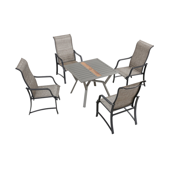 Stylish Outdoor 5-Pieces Dining Set: 4 Metal Patio Armchairs with High Back Textilene Fabric and 1 Square Metal Table