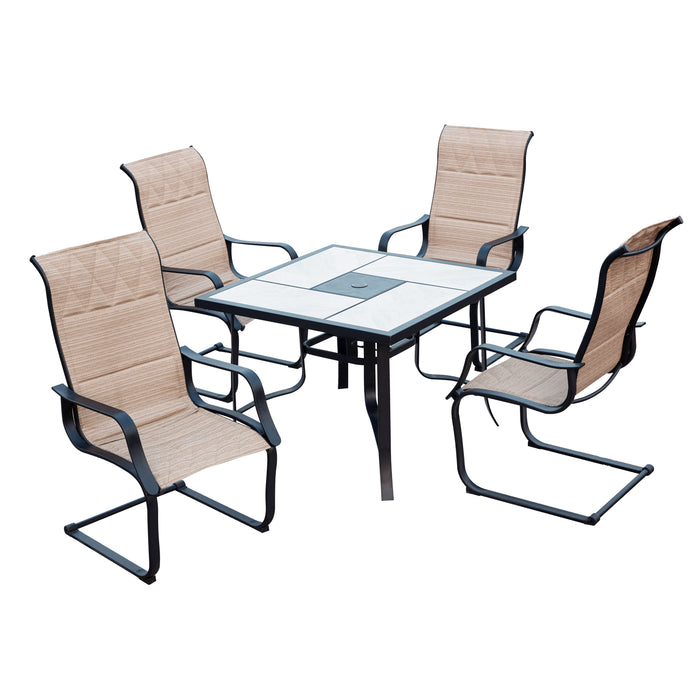 Stylish Outdoor 5-Pieces Dining Set: 4 Metal Armchairs with High Back Textilene Fabric and 1 Square Metal Table with Wood-Like Tabletop