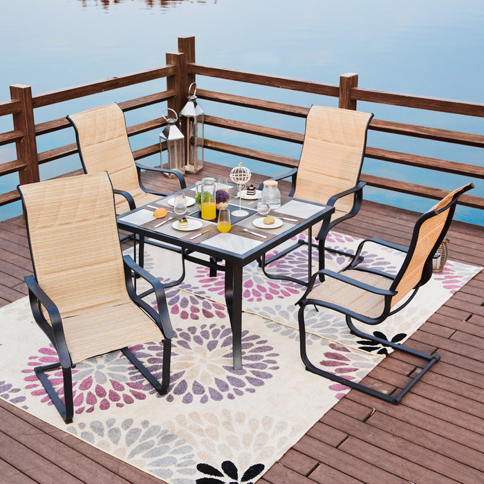 Stylish Outdoor 5-Pieces Dining Set: 4 Metal Armchairs with High Back Textilene Fabric and 1 Square Metal Table with Wood-Like Tabletop