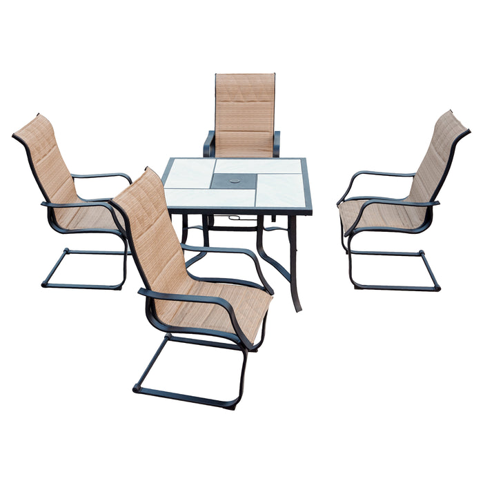 Stylish Outdoor 5-Pieces Dining Set: 4 Metal Armchairs with High Back Textilene Fabric and 1 Square Metal Table with Wood-Like Tabletop