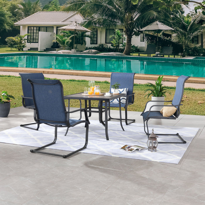 Stylish Outdoor 5-Pieces Dining Set: 4 Metal Armchairs with High Back Textilene Fabric and 1 Square Metal Table with Wood-Like Tabletop