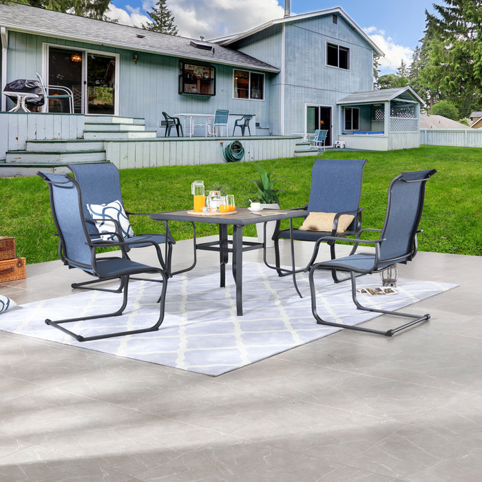 Stylish Outdoor 5-Pieces Dining Set: 4 Metal Armchairs with High Back Textilene Fabric and 1 Square Metal Table with Wood-Like Tabletop