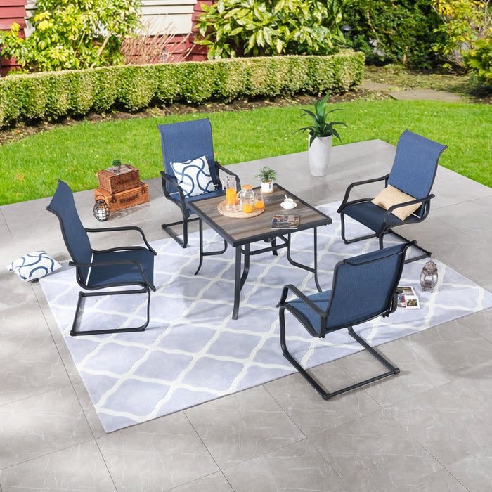 Stylish Outdoor 5-Pieces Dining Set: 4 Metal Armchairs with High Back Textilene Fabric and 1 Square Metal Table with Wood-Like Tabletop