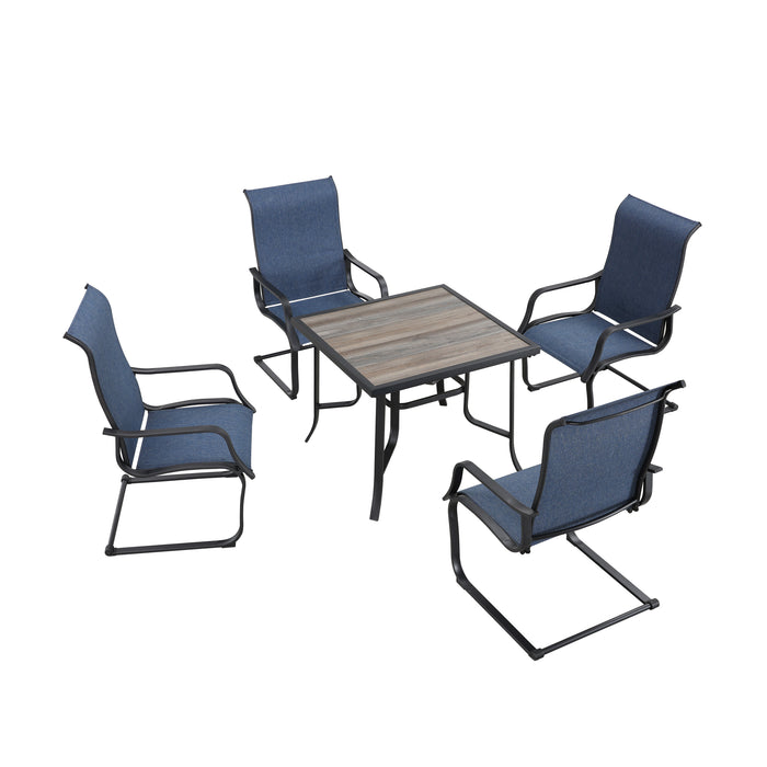 Stylish Outdoor 5-Pieces Dining Set: 4 Metal Armchairs with High Back Textilene Fabric and 1 Square Metal Table with Wood-Like Tabletop