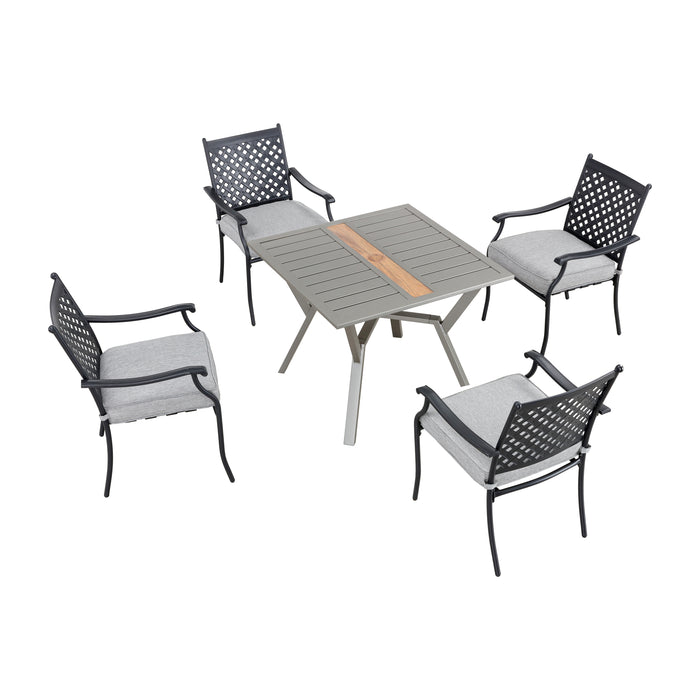 5-Piece Patio Dining Set 4 Wrought Iron Dining Chairs with Thick Seat Cushions and Square Metal Table