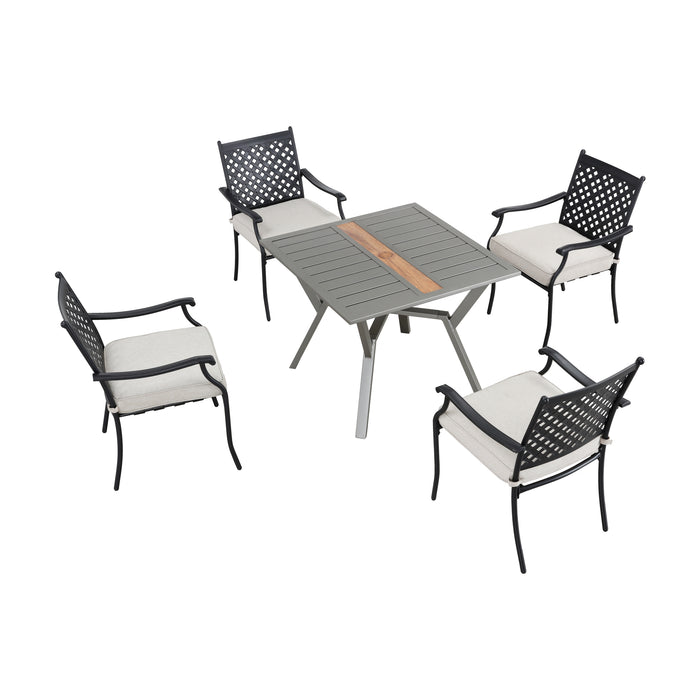 5-Piece Patio Dining Set 4 Wrought Iron Dining Chairs with Thick Seat Cushions and Square Metal Table