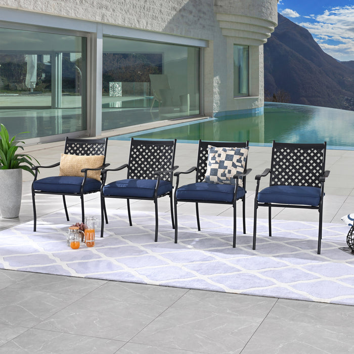8-Piece Stackable Wrought Iron Patio Dining Chair Set with Armrests and Cushions (Blue)