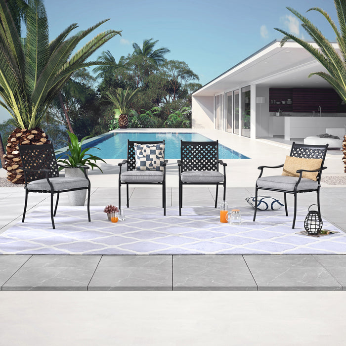 4-Piece Stackable Wrought Iron Patio Dining Chair Set with Armrests and Cushions