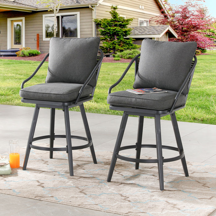 Elegant 2-Piece Outdoor 25" Swivel Counter Height Chairs with Wicker Detailing and Cushions