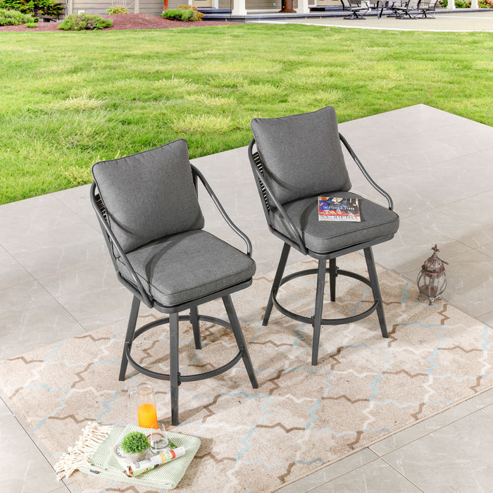 Elegant 2-Piece Outdoor 25" Swivel Counter Height Chairs with Wicker Detailing and Cushions