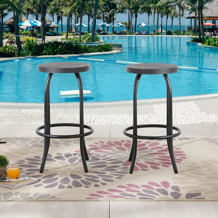 Elegant 3 Piece Outdoor Bistro Bar Set Backless Bar Stools w/ Foot Pedals and Tempered Glass Top Table