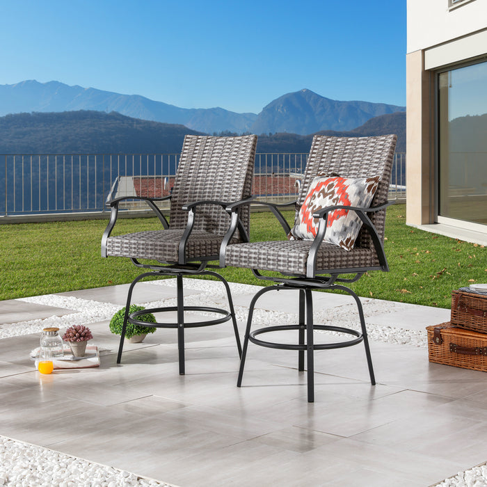 Luxury 2-Piece Outdoor 31.5" Swivel Bar Height Chairs with High-Backrest Rattan Wicker and Comfort Cushioned Armrest Dining Chairs