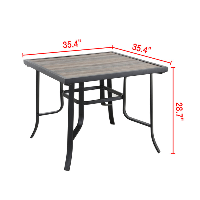 Stylish Outdoor 5-Pieces Dining Set: 4 Metal Armchairs with High Back Textilene Fabric and 1 Square Metal Table with Wood-Like Tabletop