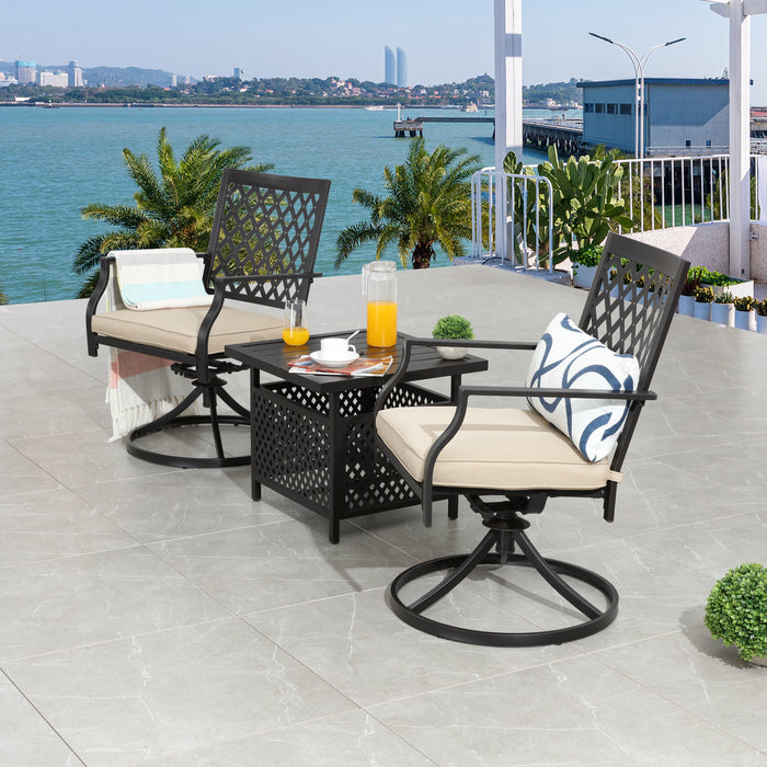 3-Piece Patio Bistro Dining Set of 2 Swivel Chairs with Cushions and 1 Metal Side Table with Umbrella Hole for Deck Porch Yard, Beige
