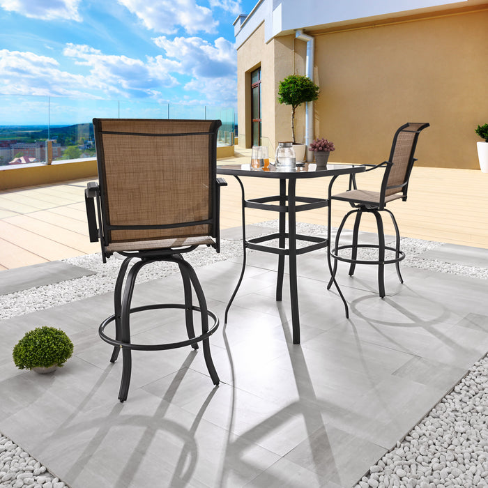 Stylish 3 Piece Outdoor Bar Set with 360° Swivel Textilene Chairs & Tempered Glass Table