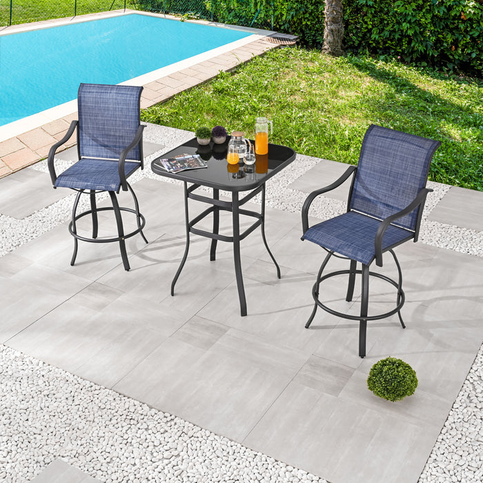 Stylish 3 Piece Outdoor Bar Set with 360° Swivel Textilene Chairs & Tempered Glass Table