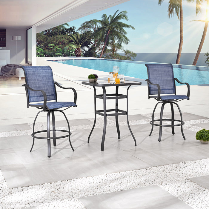 Stylish 3 Piece Outdoor Bar Set with 360° Swivel Textilene Chairs & Tempered Glass Table