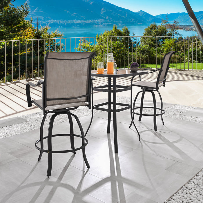 Stylish 3 Piece Outdoor Bar Set with 360° Swivel Textilene Chairs & Tempered Glass Table