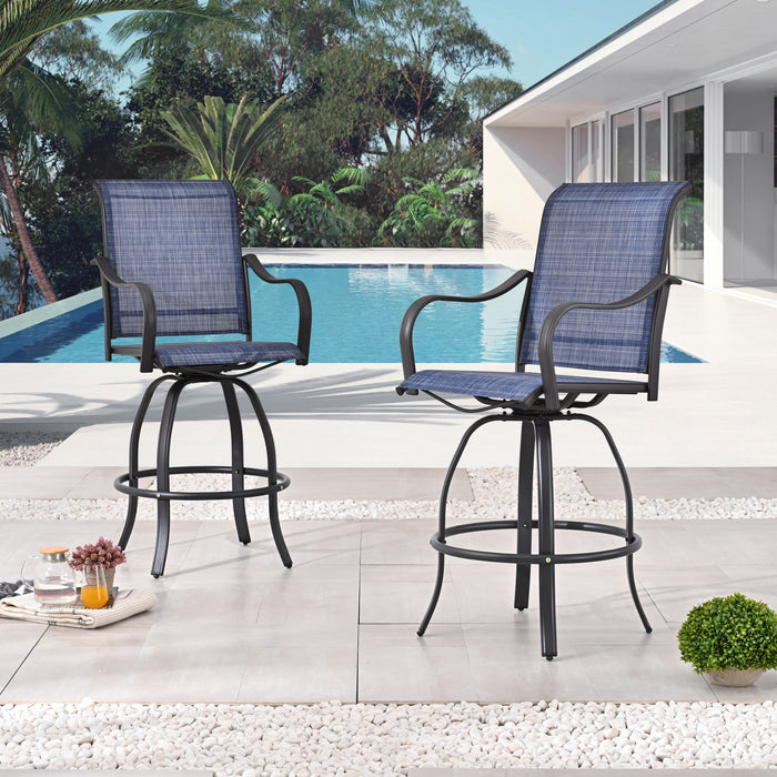 2-Pack Blue Counter Bar Height Textilene Swivel Stool Armrests Dining Chairs for Outdoor Bistro Elegance