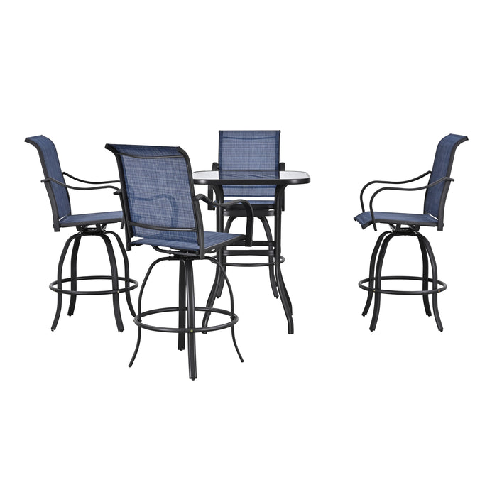 5-Piece Patio Bar Set: 4 360° Swivel Chairs and Bar Height Table with Tempered Glass Top (Blue)