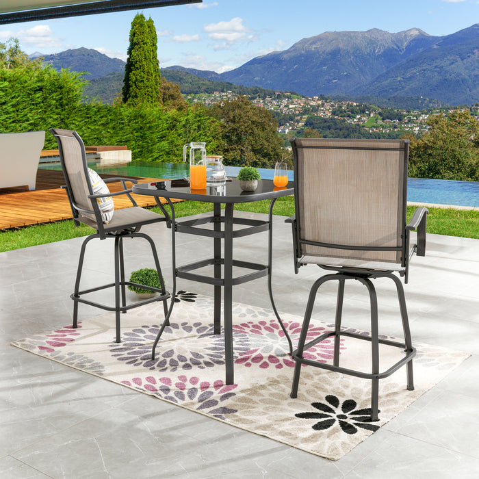 Stylish 3 Piece Outdoor Bar Set with 360° Swivel Textilene Chairs & Tempered Glass Table