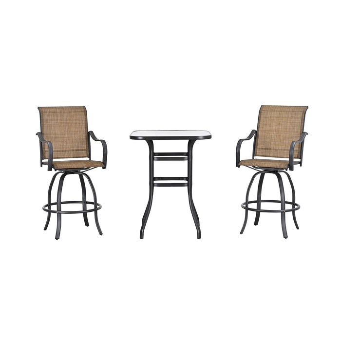 Stylish 3 Piece Outdoor Bar Set with 360° Swivel Textilene Chairs & Tempered Glass Table