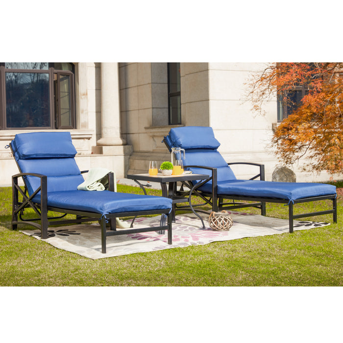 3-Piece Outdoor Lounge Set with Cushioned Adjustable Recline Chaise Chairs and Coffee Table