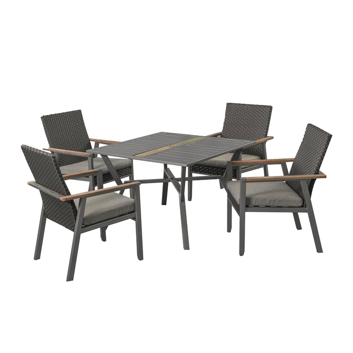 5-Piece Patio Dining Set 4 Rattan Wicker Chairs with Seat Cushions in Metal Frame with Square Dining Table