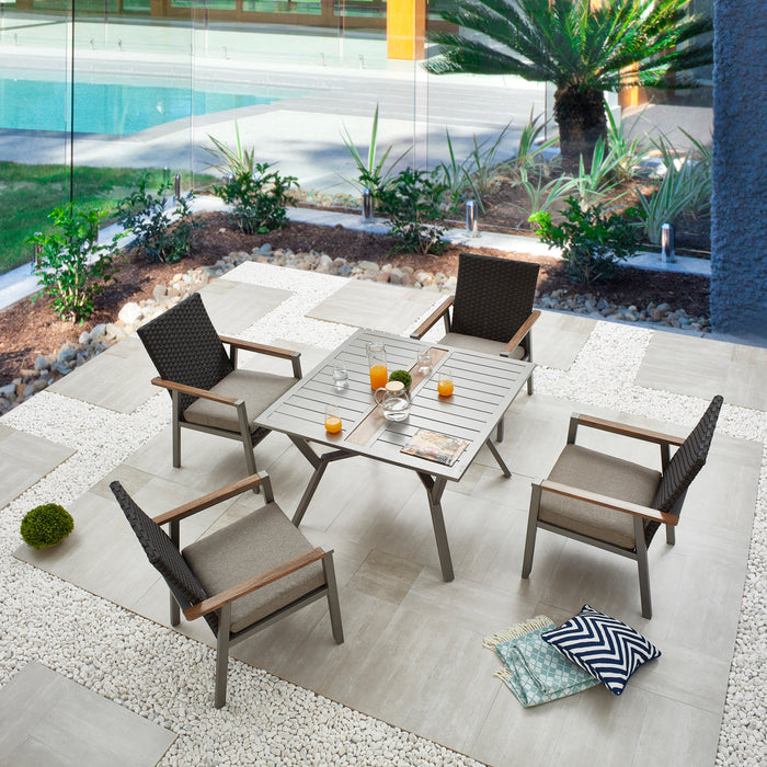 5-Piece Patio Dining Set 4 Rattan Wicker Chairs with Seat Cushions in Metal Frame with Square Dining Table