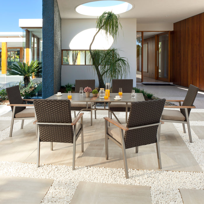 7-Pieces Patio Dining Set 6 Armchair Set with Woven Wicker, Removable Cushions and Dining Table