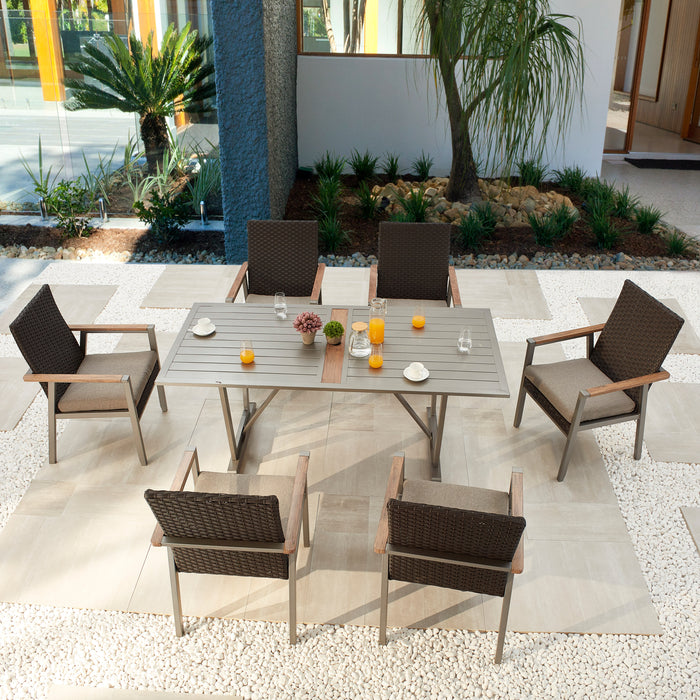 7-Pieces Patio Dining Set 6 Armchair Set with Woven Wicker, Removable Cushions and Dining Table