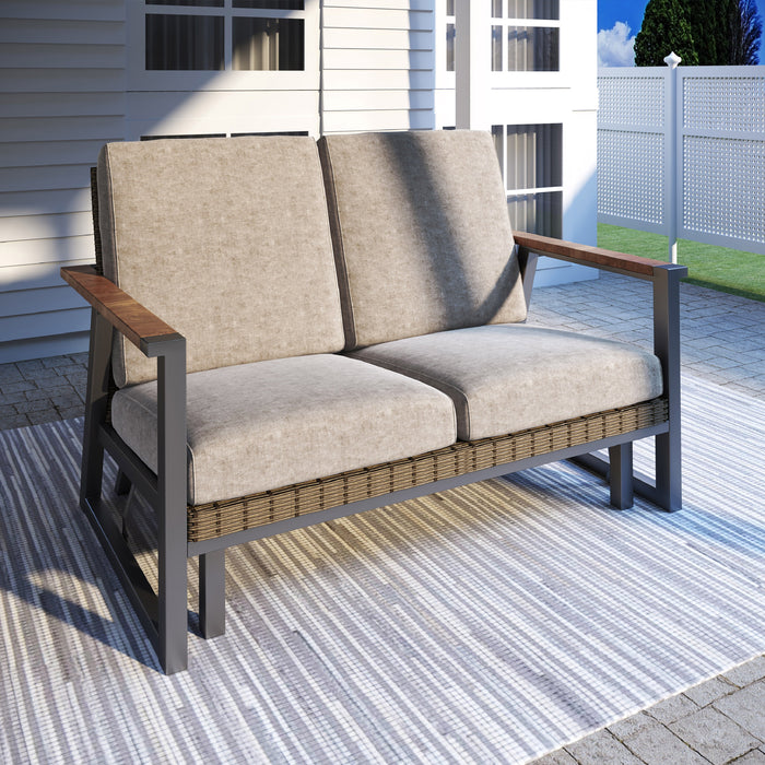 Elegant Dark Grey Outdoor Glider Bench with Cushioned Seat and Wicker Back