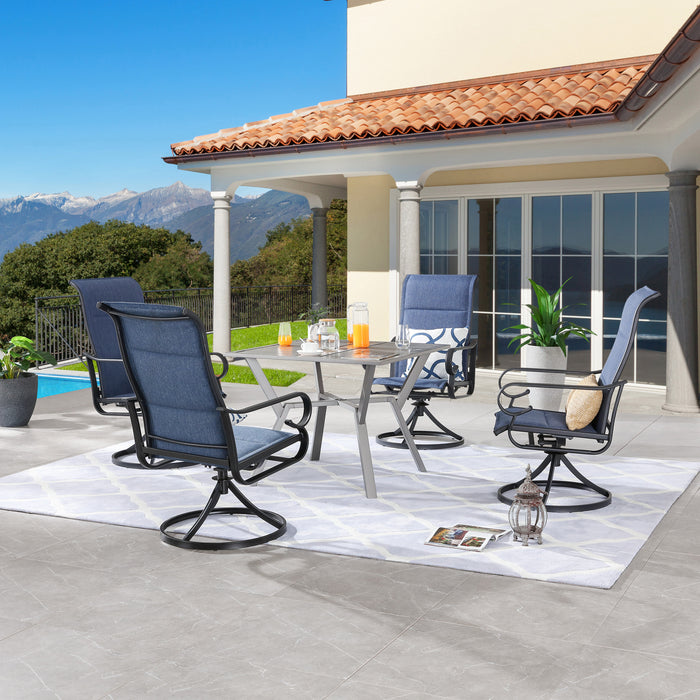 5-Pieces Patio Dining Set: 4 Swivel Armrest Chair & 1 Square Metal Table (Blue)