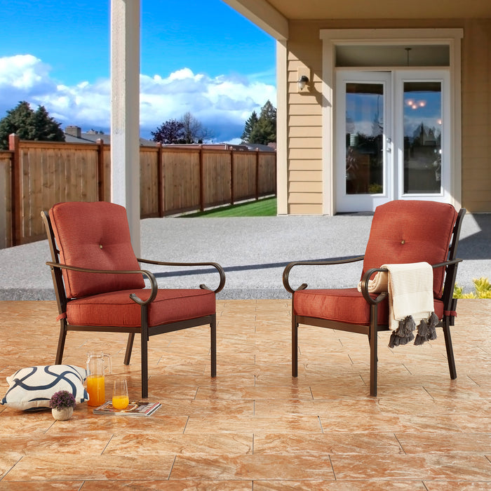 Comfort 2-Piece Patio Dining Armchairs with Red Plush Cushions and Durable Steel Frame