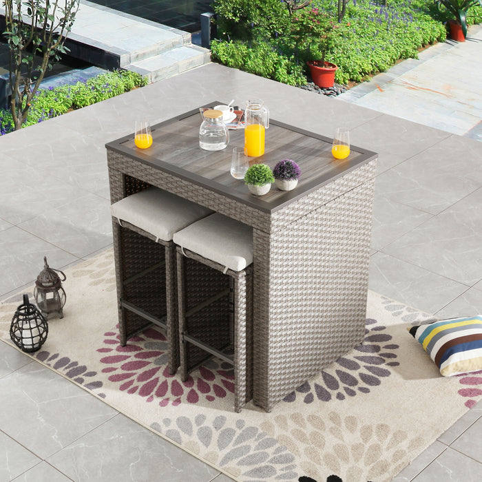 Elegant 5-Piece Outdoor Wicker Bar Stool and Table Set with Removable Cushions & Wooden Tabletop, Rattan & Metal Frame