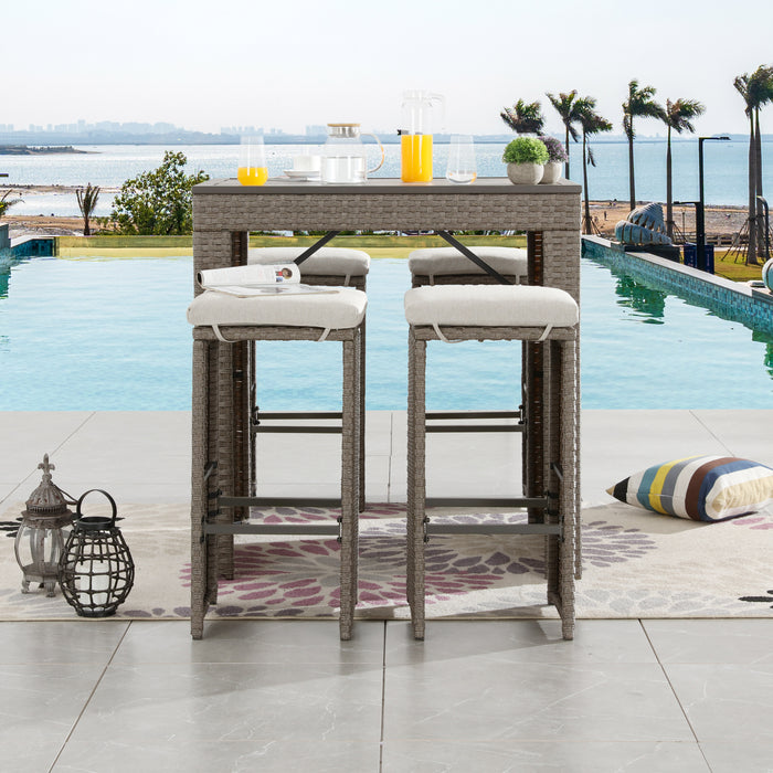 Elegant 5-Piece Outdoor Wicker Bar Stool and Table Set with Removable Cushions & Wooden Tabletop, Rattan & Metal Frame