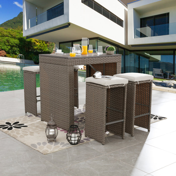 Elegant 5-Piece Outdoor Wicker Bar Stool and Table Set with Removable Cushions & Wooden Tabletop, Rattan & Metal Frame