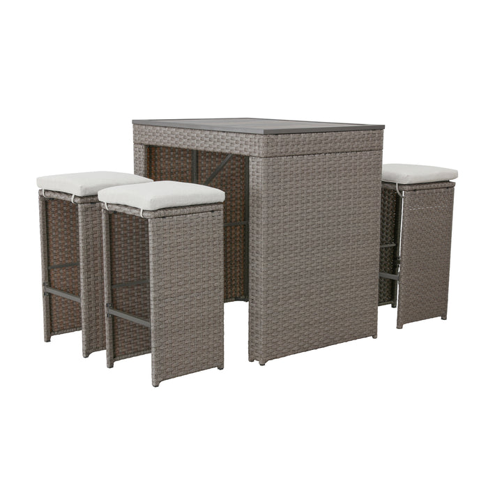 Elegant 5-Piece Outdoor Wicker Bar Stool and Table Set with Removable Cushions & Wooden Tabletop, Rattan & Metal Frame