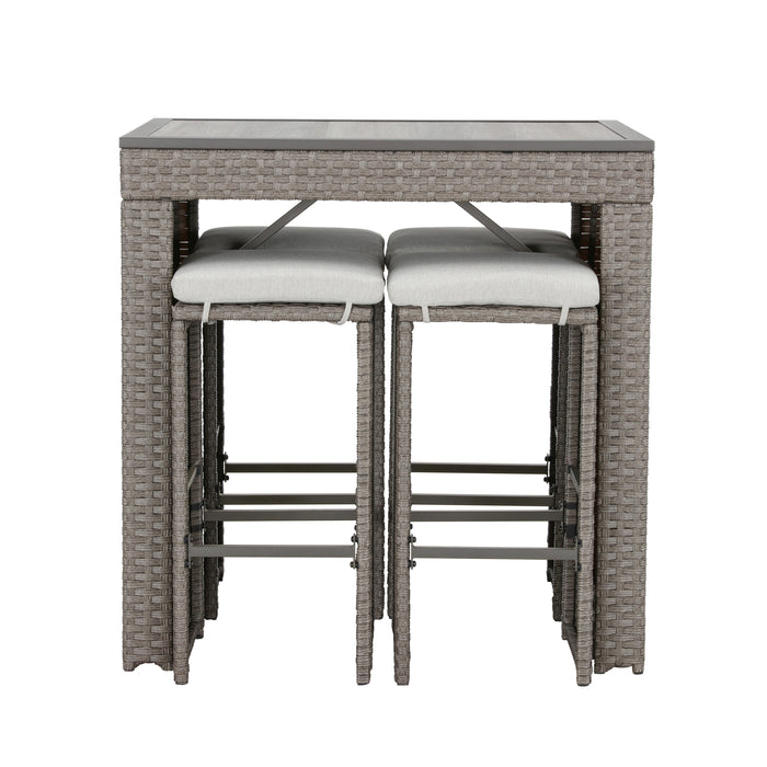 Elegant 5-Piece Outdoor Wicker Bar Stool and Table Set with Removable Cushions & Wooden Tabletop, Rattan & Metal Frame