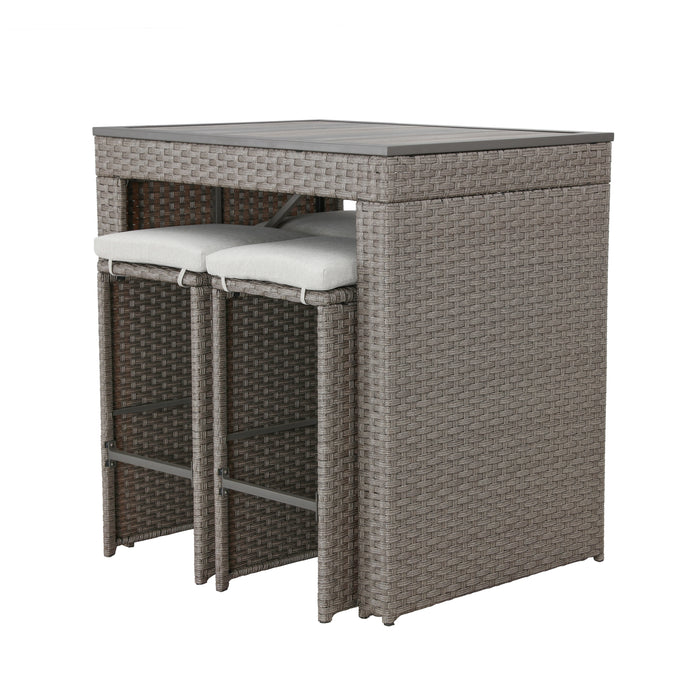 Elegant 5-Piece Outdoor Wicker Bar Stool and Table Set with Removable Cushions & Wooden Tabletop, Rattan & Metal Frame