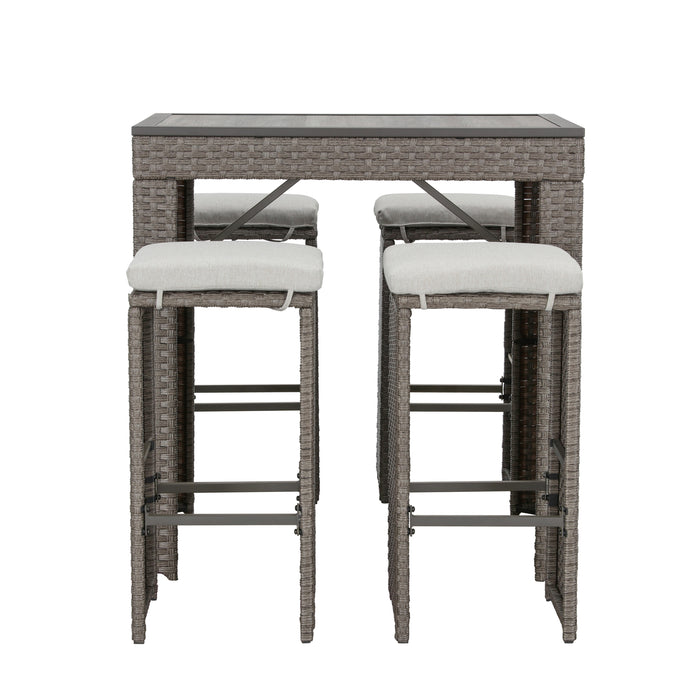 Elegant 5-Piece Outdoor Wicker Bar Stool and Table Set with Removable Cushions & Wooden Tabletop, Rattan & Metal Frame