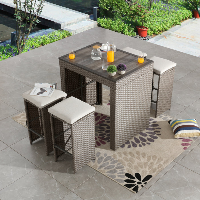 Elegant 5-Piece Outdoor Wicker Bar Stool and Table Set with Removable Cushions & Wooden Tabletop, Rattan & Metal Frame