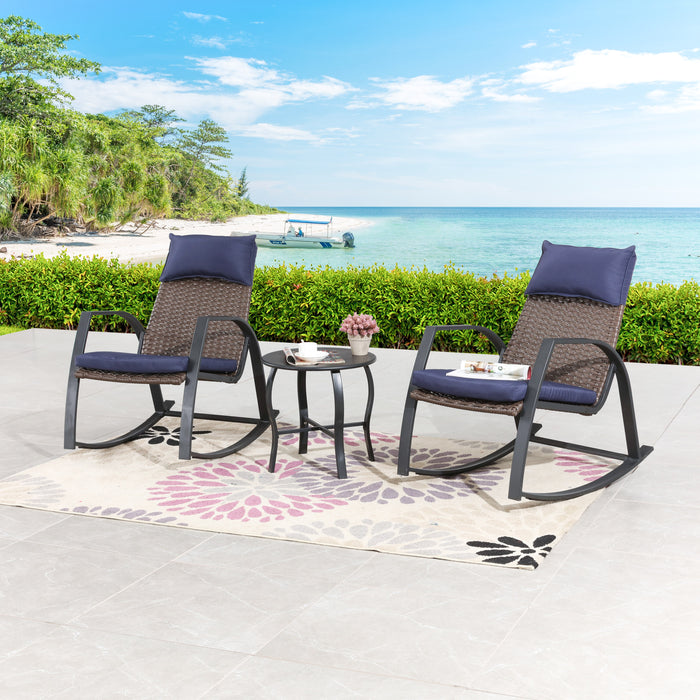 Luxury 3-Piece Rattan Rocking Bistro Set with Cushioned Armchairs and Metal Table