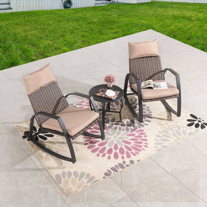 Luxury 3-Piece Rattan Rocking Bistro Set with Cushioned Armchairs and Metal Table 