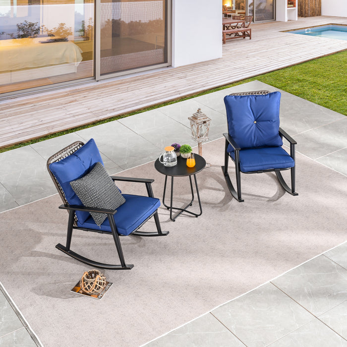Deluxe 3-Piece Blue PE Wicker Rocking Chair Bistro Set with Cushions and Metal Coffee Table