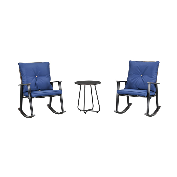 Deluxe 3-Piece Blue PE Wicker Rocking Chair Bistro Set with Cushions and Metal Coffee Table